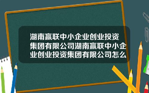 湖南赢联中小企业创业投资集团有限公司湖南赢联中小企业创业投资集团有限公司怎么样【新闻】