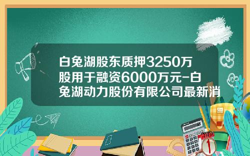 白兔湖股东质押3250万股用于融资6000万元-白兔湖动力股份有限公司最新消息